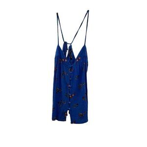 One Clothing Women's V-Neck Tie Neck Top Blue/Multi Floral Small Buttons